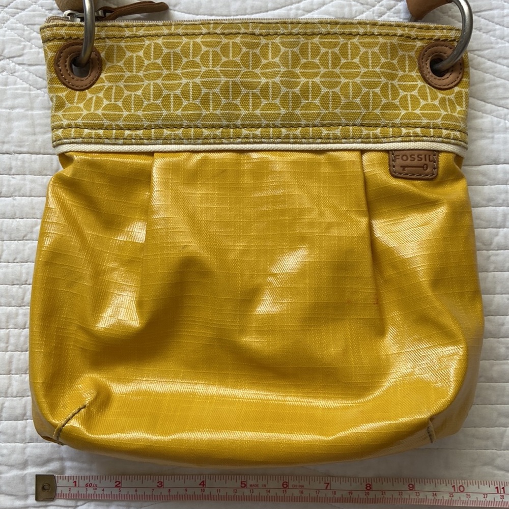 Fossil Crossbody Bag and Wristlet Coated Canvas Leather Trim Yellow Tan Brown - Picture 12 of 17